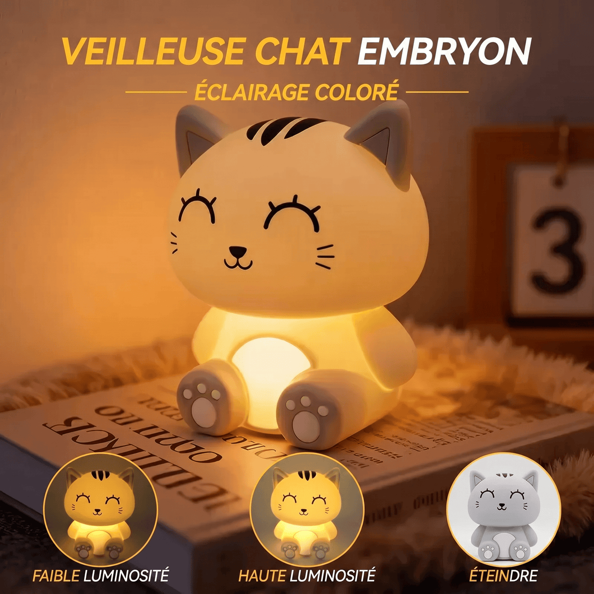 Veilleuse Chat Kawaii Rechargeable Multicolore