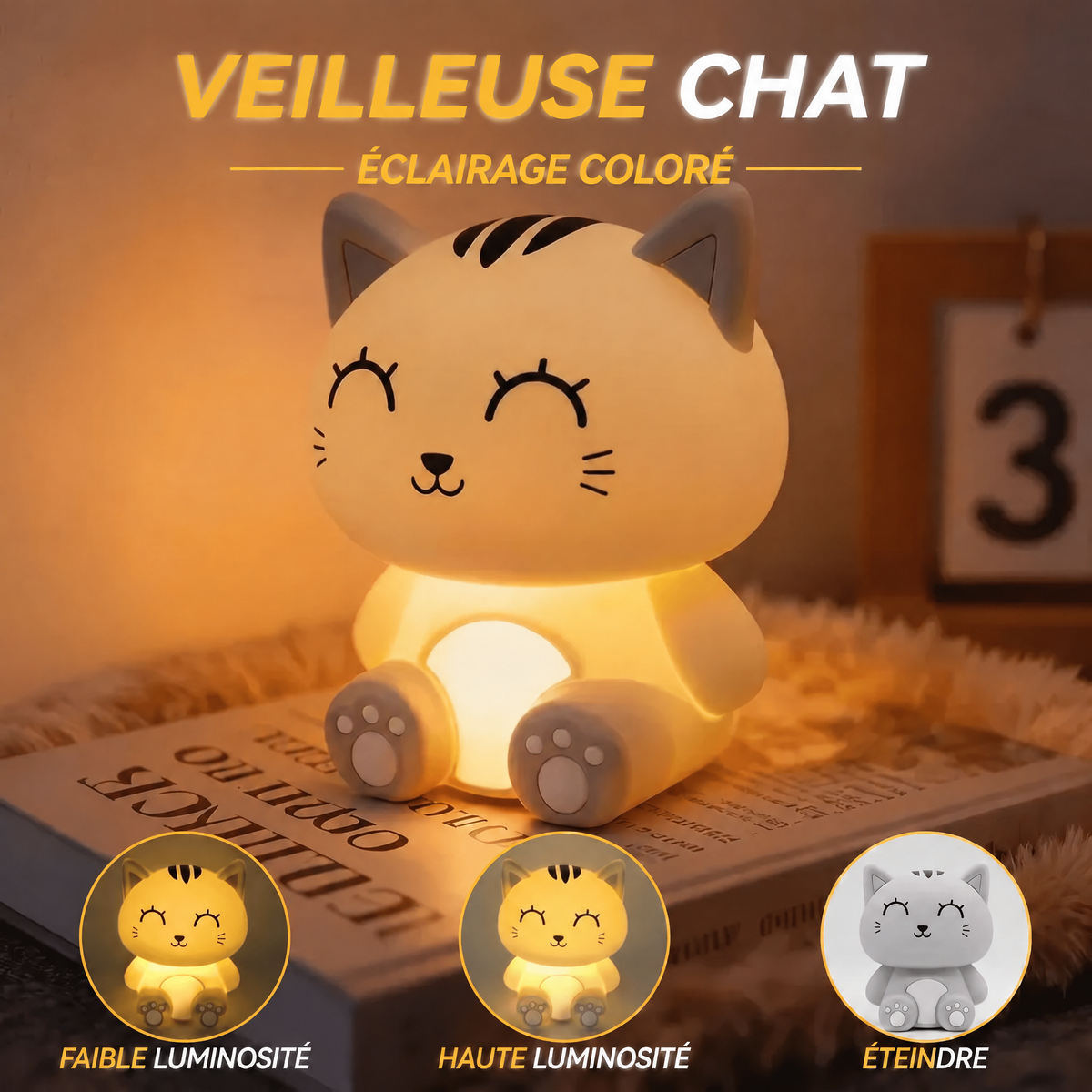 Veilleuse Chat Kawaii Rechargeable Multicolore