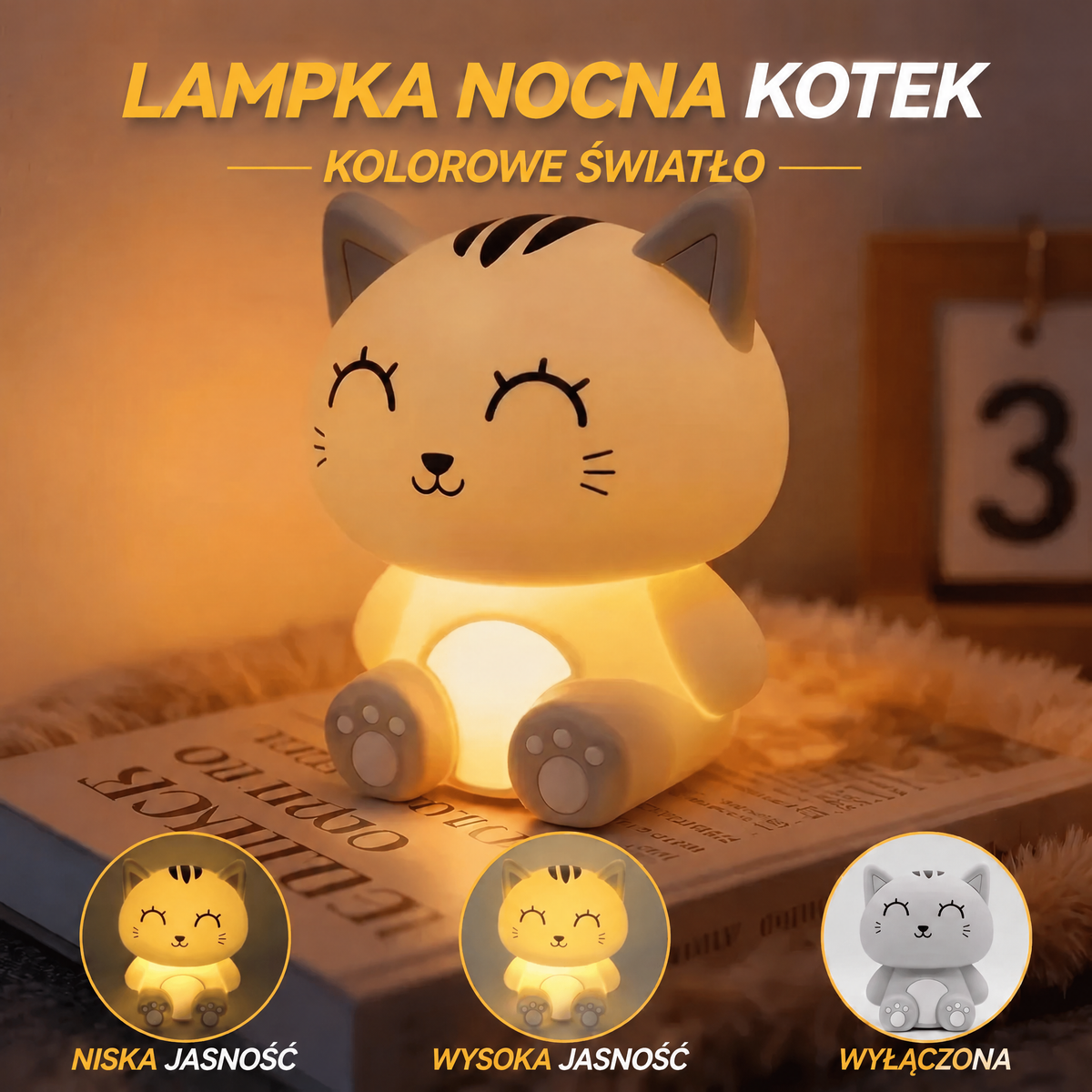 Ładowana wielokolorowa lampka nocna kot kawaii