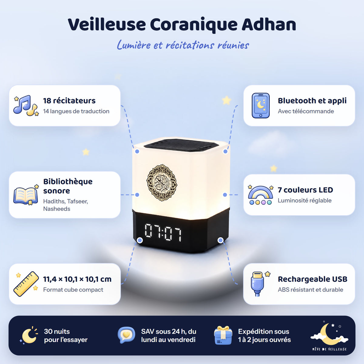 Veilleuse Coranique Adhan – caractéristiques et dimensions