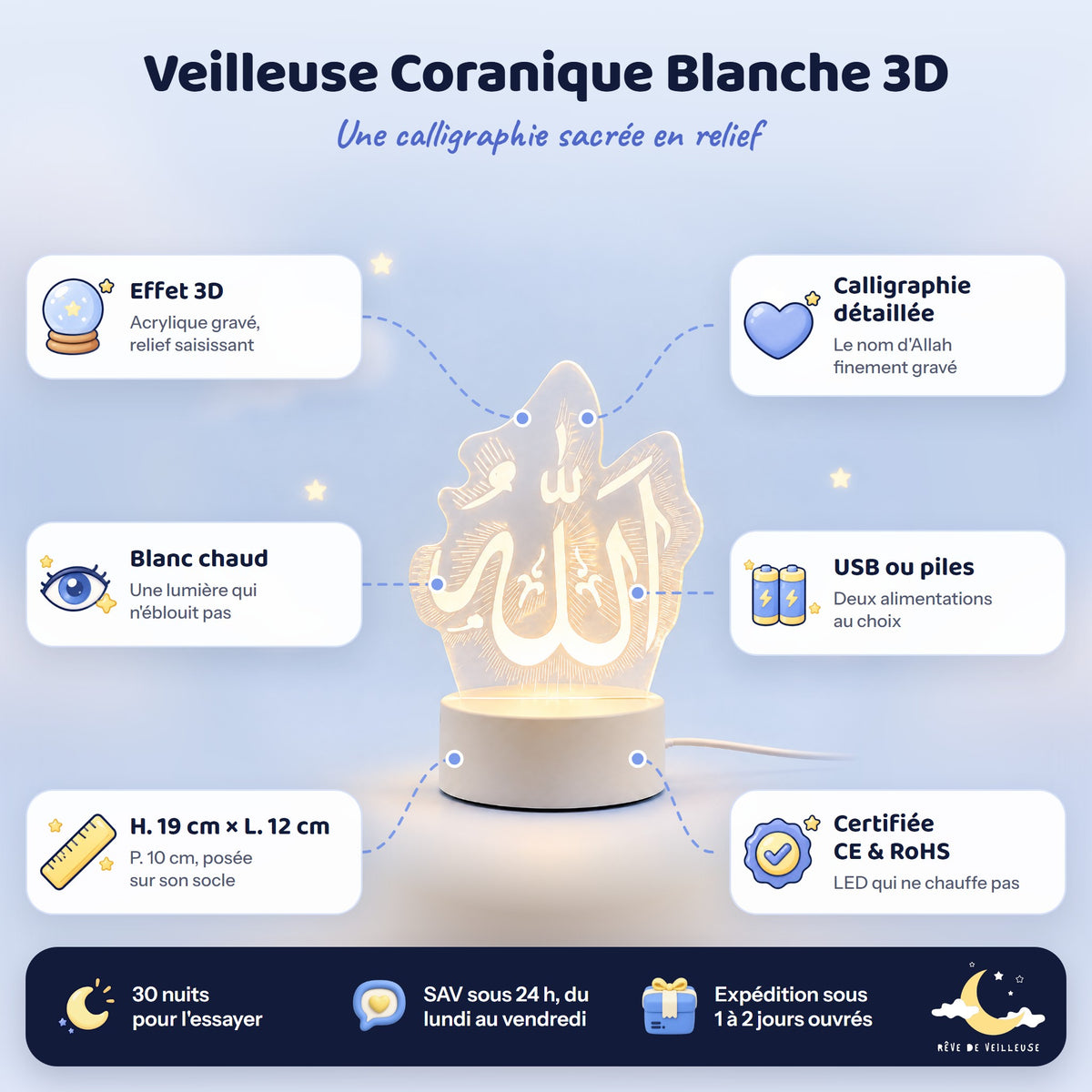 Veilleuse Coranique Blanche 3D – caractéristiques et dimensions