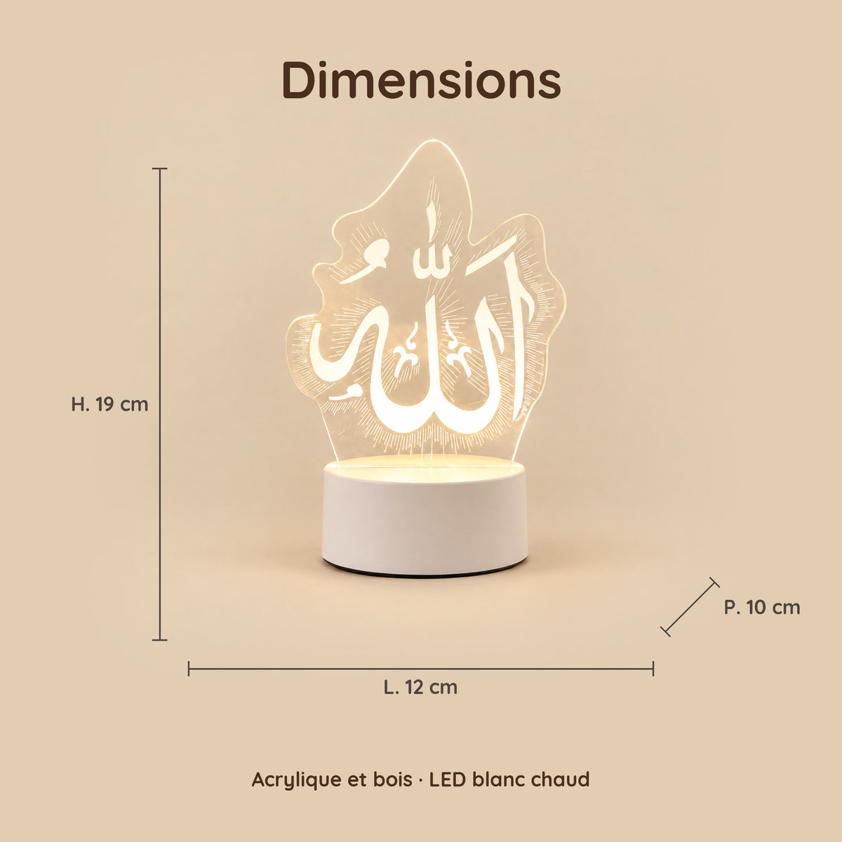 Dimensions – Veilleuse Coranique Blanche 3D