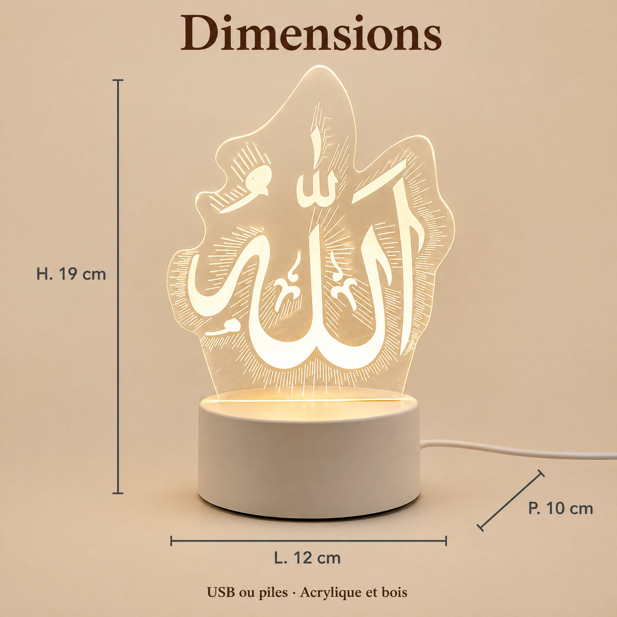 Dimensions de la veilleuse coranique : H. 19 cm, L. 12 cm, P. 10 cm