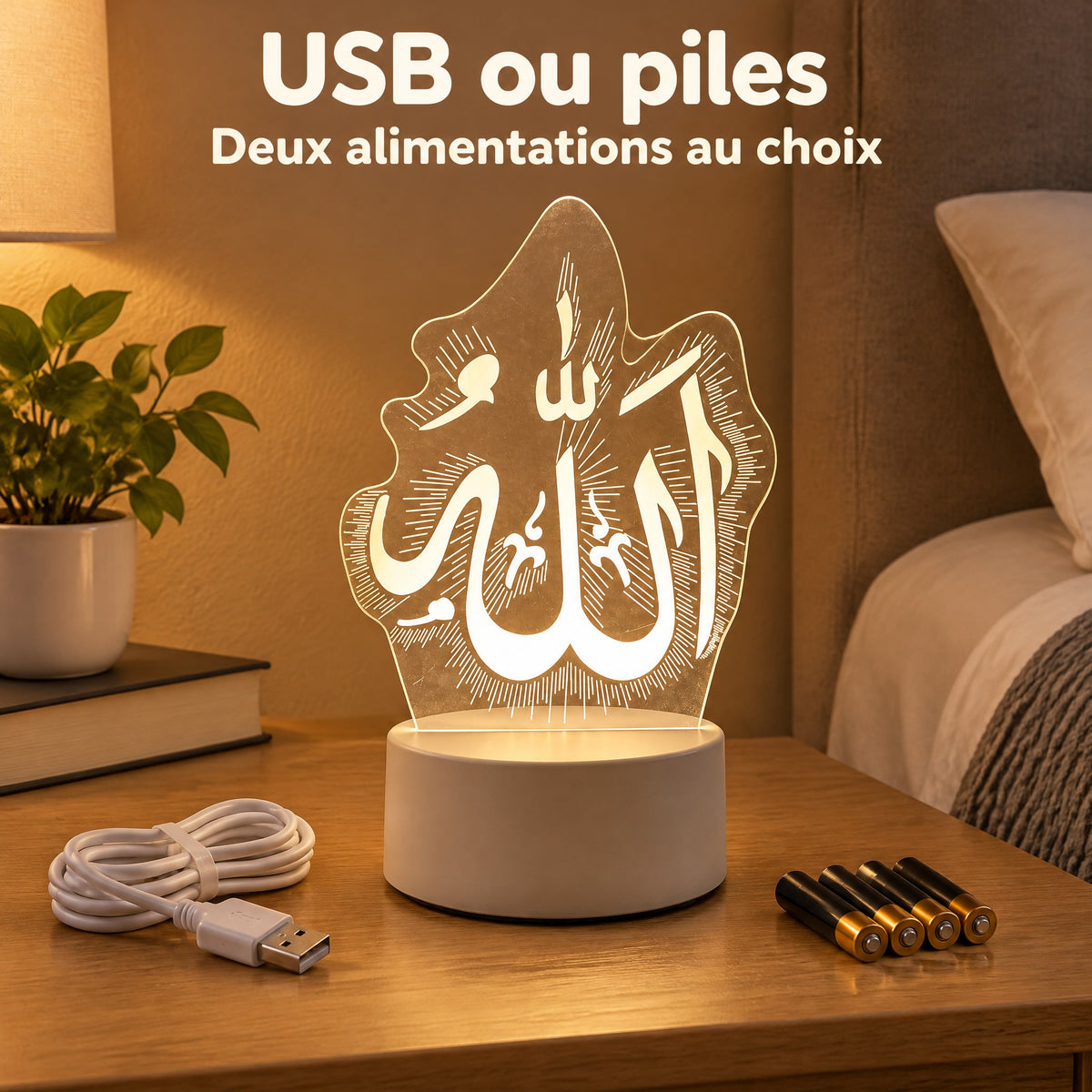 Veilleuse coranique alimentée par USB ou piles au choix