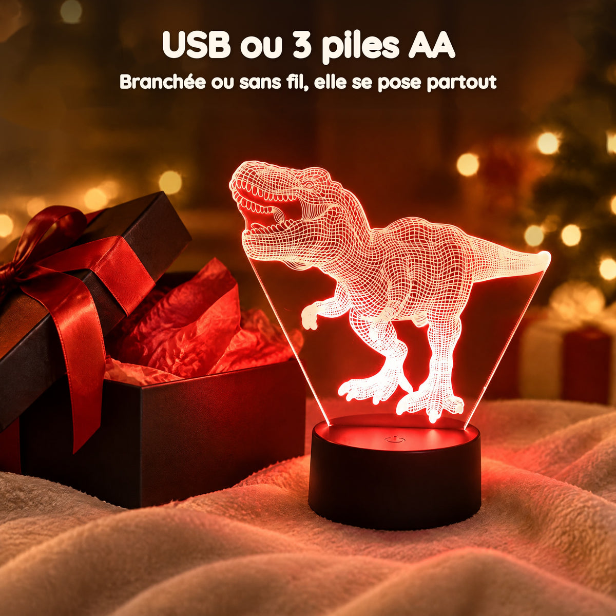 Veilleuse Dinosaure Tyrannosaure 3D – USB ou 3 piles AA