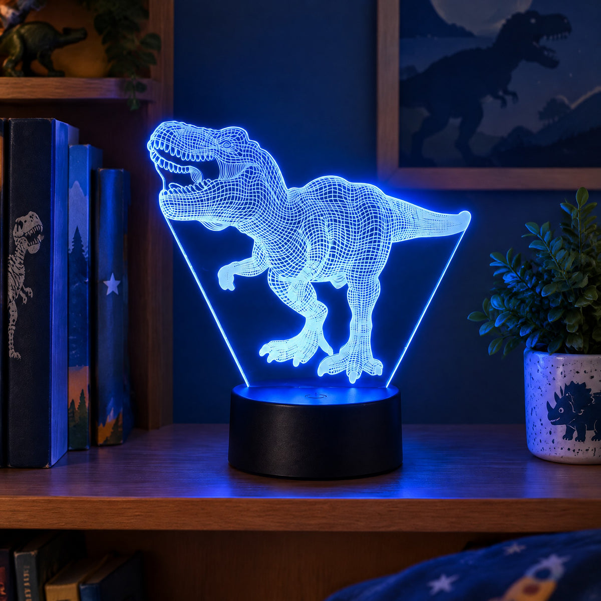 Veilleuse Dinosaure Tyrannosaure 3D – allumée, ambiance douce