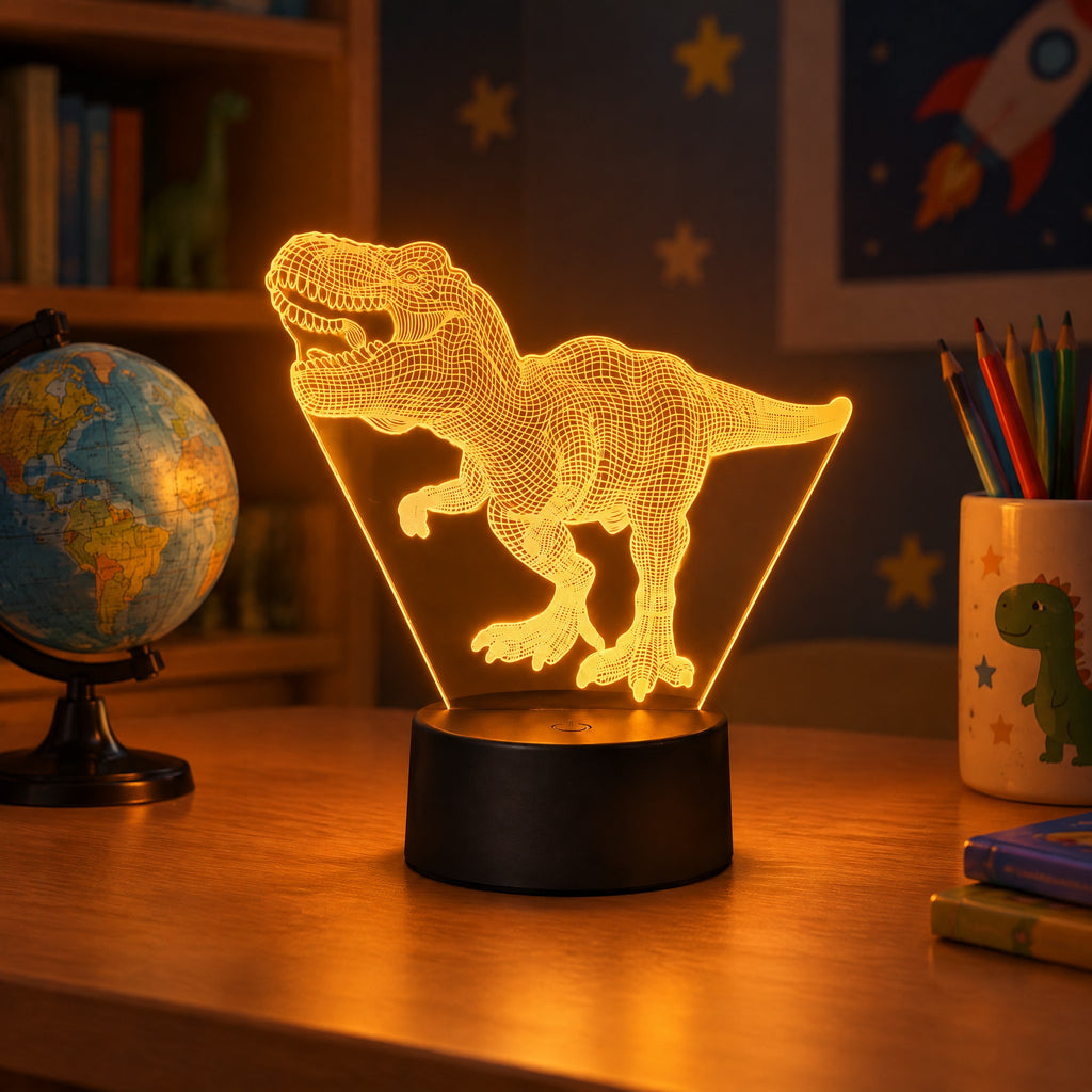 Veilleuse Dinosaure Tyrannosaure 3D – allumée, ambiance douce