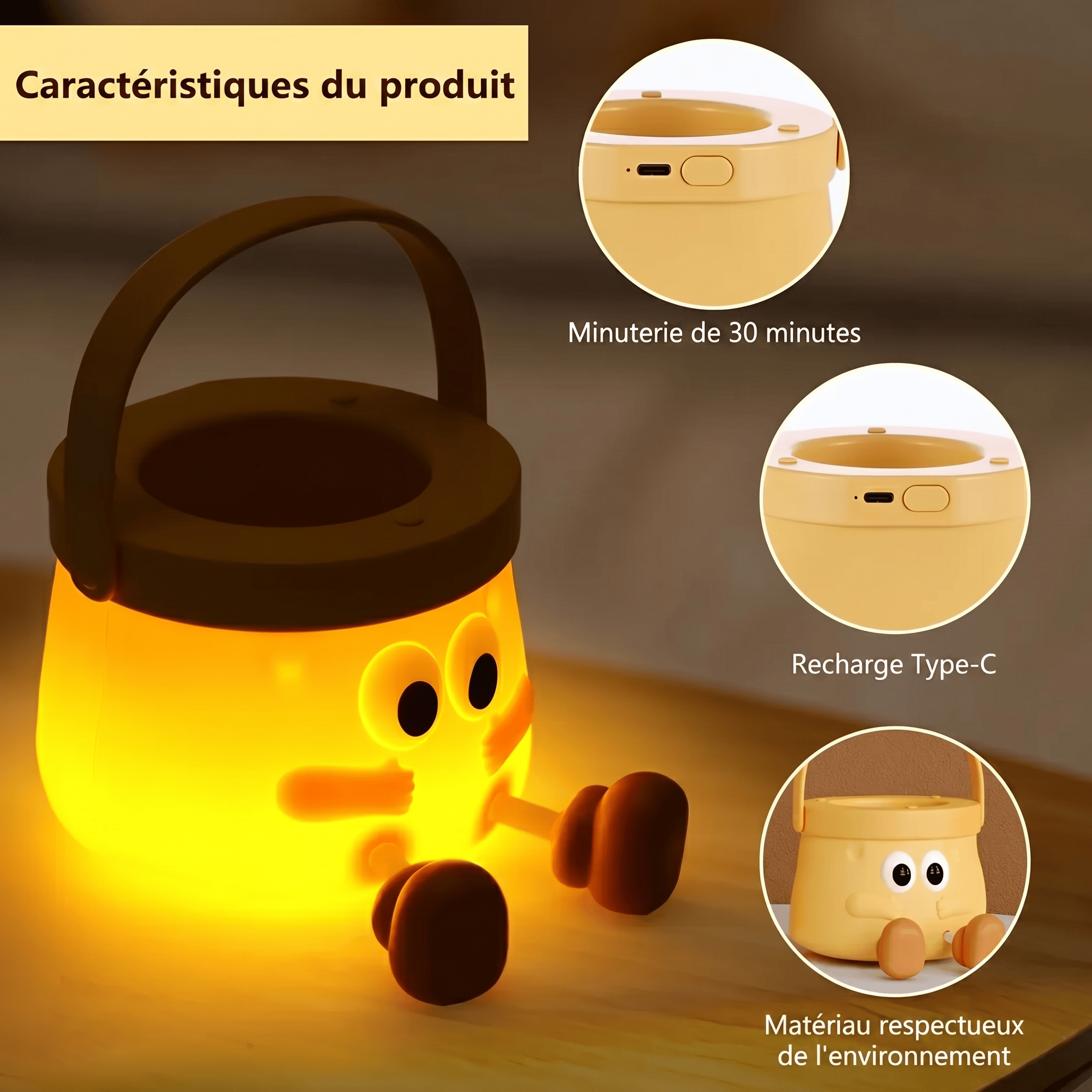 Veilleuse Enfant Portable Jaune avec Poignée