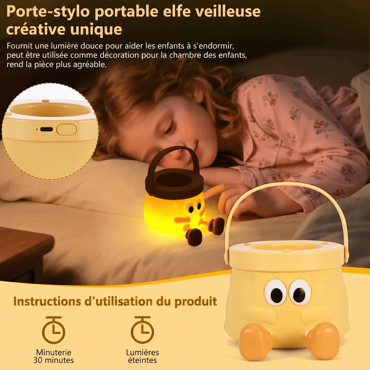 Veilleuse Enfant Portable Jaune avec Poignée