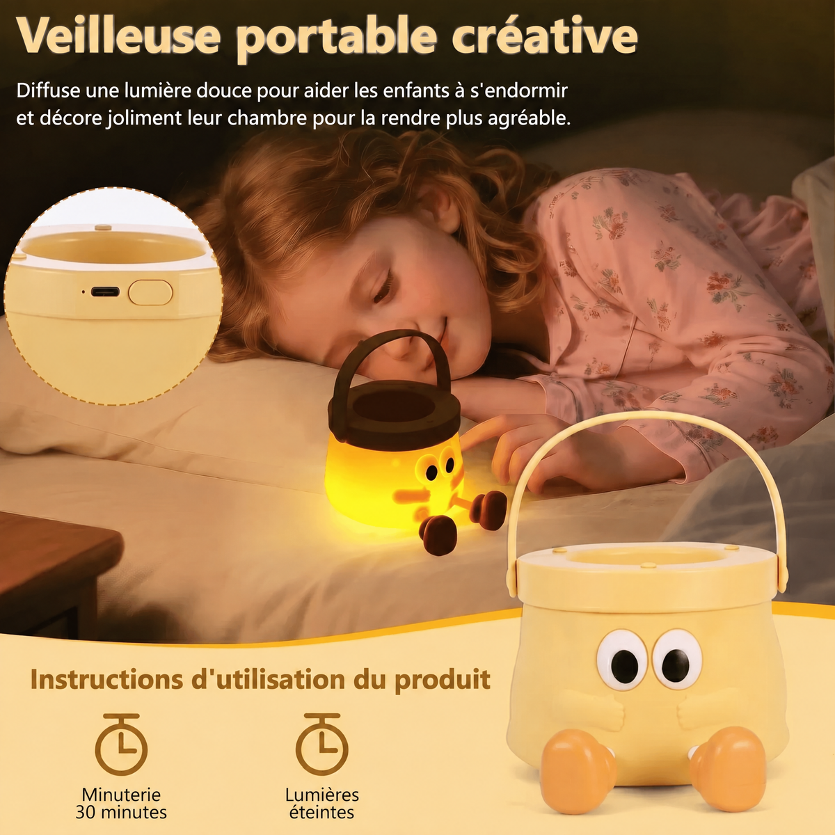 Veilleuse Enfant Portable Jaune avec Poignée