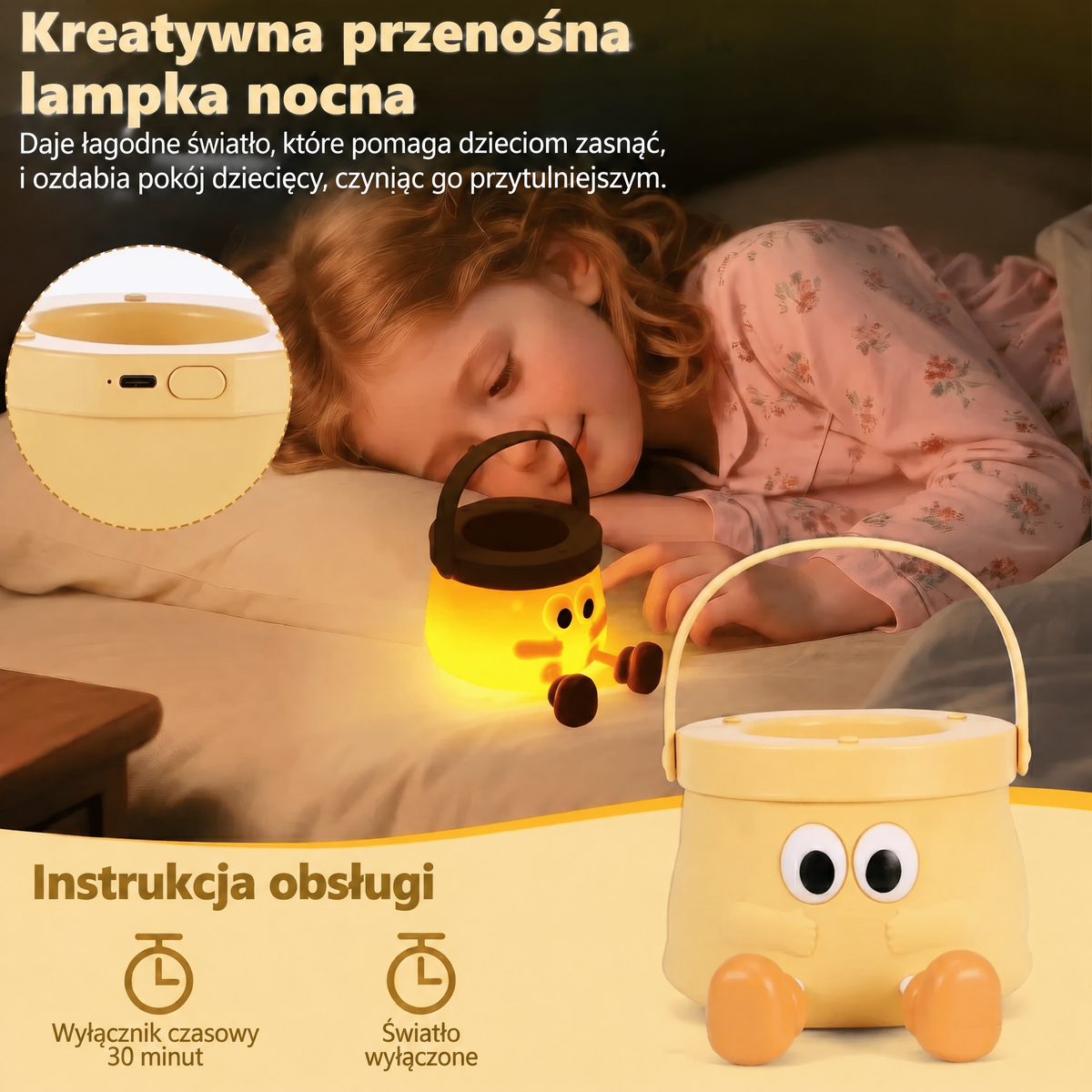 Przenośna żółta lampka nocna dla dzieci z uchwytem