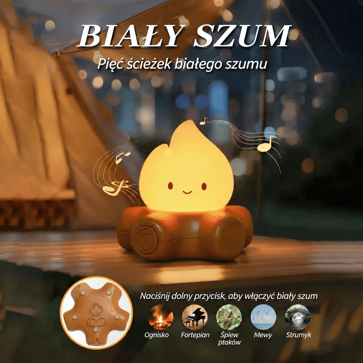 Lampka nocna ognisko z białym szumem