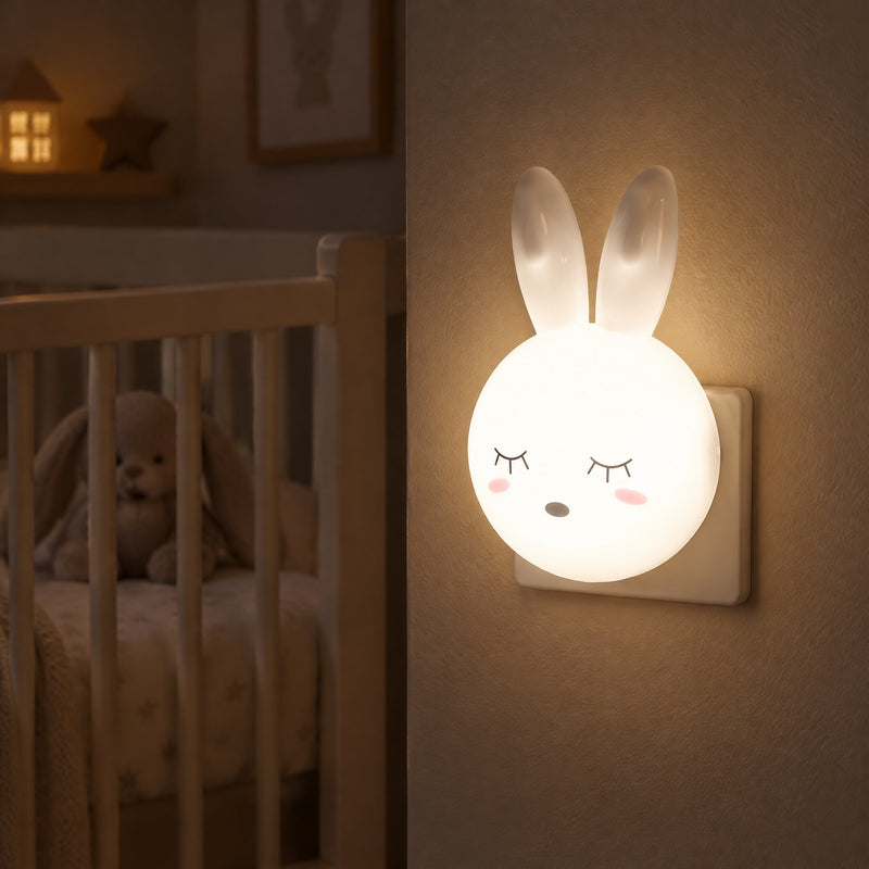 Veilleuse lapin prise allumée d'une lueur douce dans une chambre de bébé