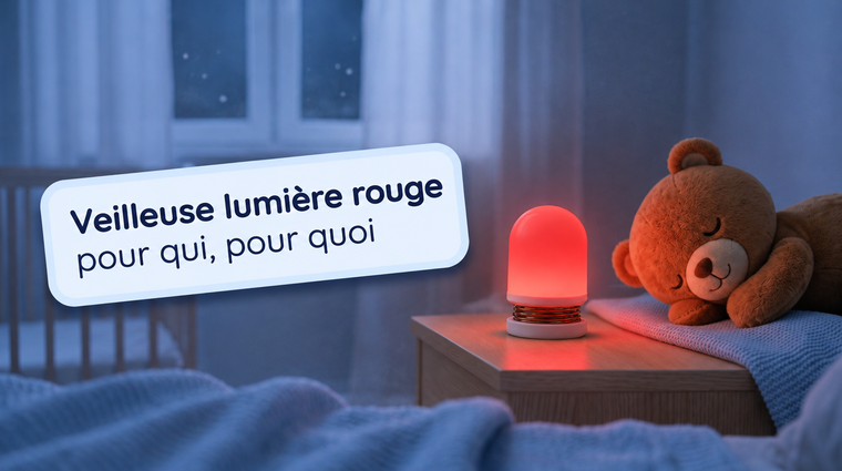Veilleuse lumière rouge allumée sur une table de chevet de chambre de bébé