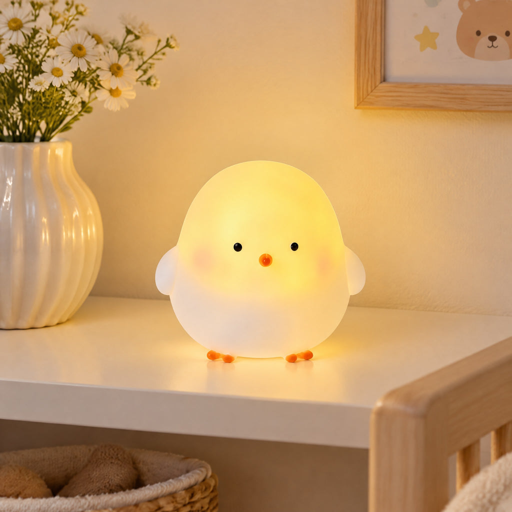 Veilleuse poussin lumineuse sur une étagère de chambre d'enfant