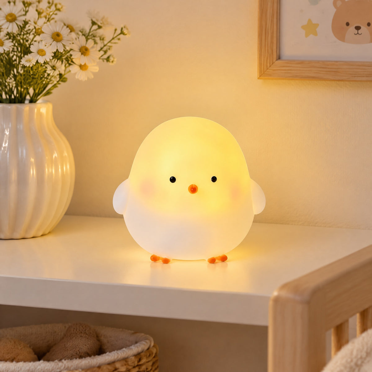 Veilleuse poussin lumineuse sur une étagère de chambre d'enfant