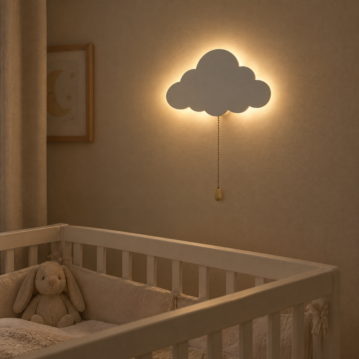 Luce Notturna da Parete Nuvola in Legno per Bebè, a Pile