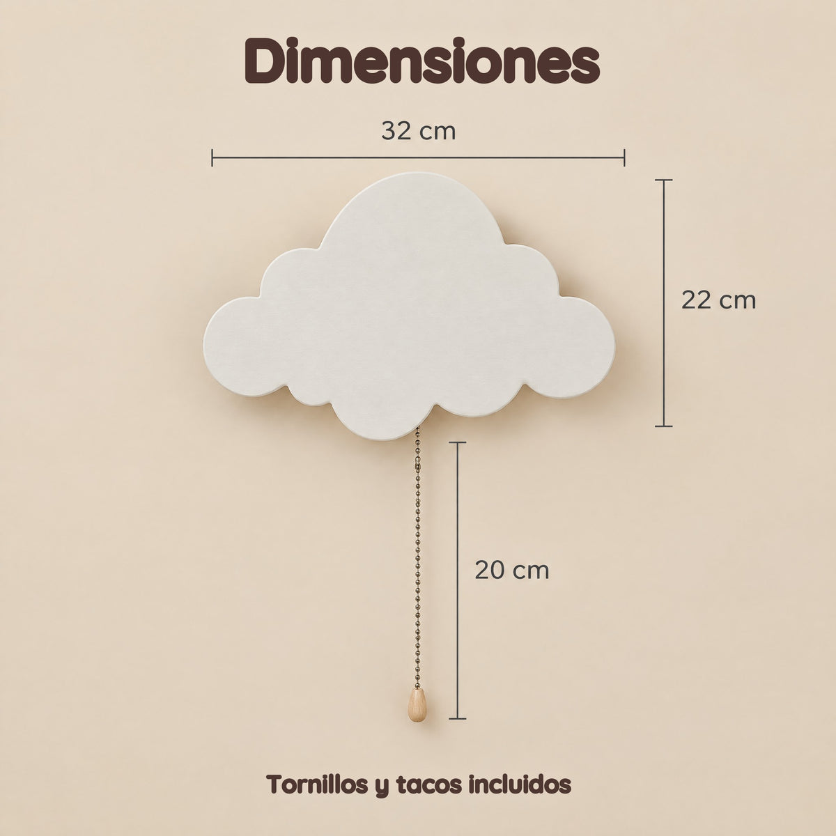Luz quitamiedos de pared nube de madera para bebé, a pilas – Dimensiones