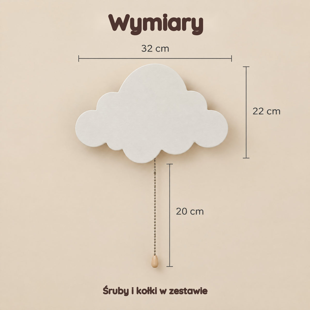 Ścienna lampka nocna chmurka z drewna dla niemowląt, na baterie – Wymiary