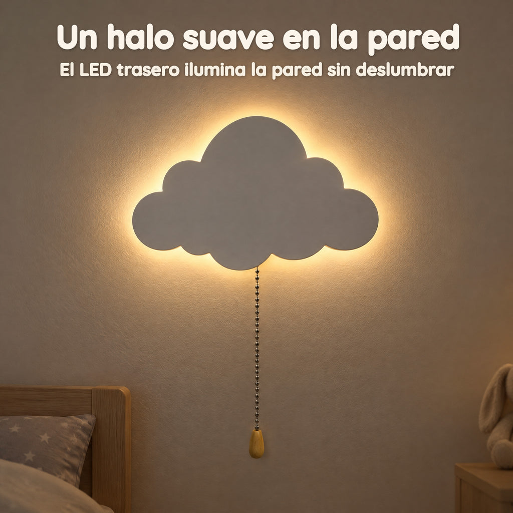 Luz quitamiedos de pared nube de madera para bebé, a pilas – Un halo suave en la pared