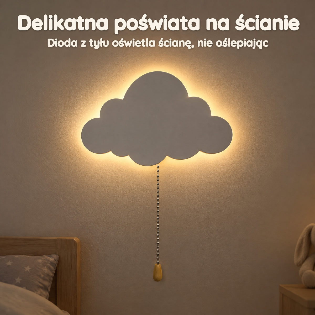 Ścienna lampka nocna chmurka z drewna dla niemowląt, na baterie – Delikatna poświata na ścianie