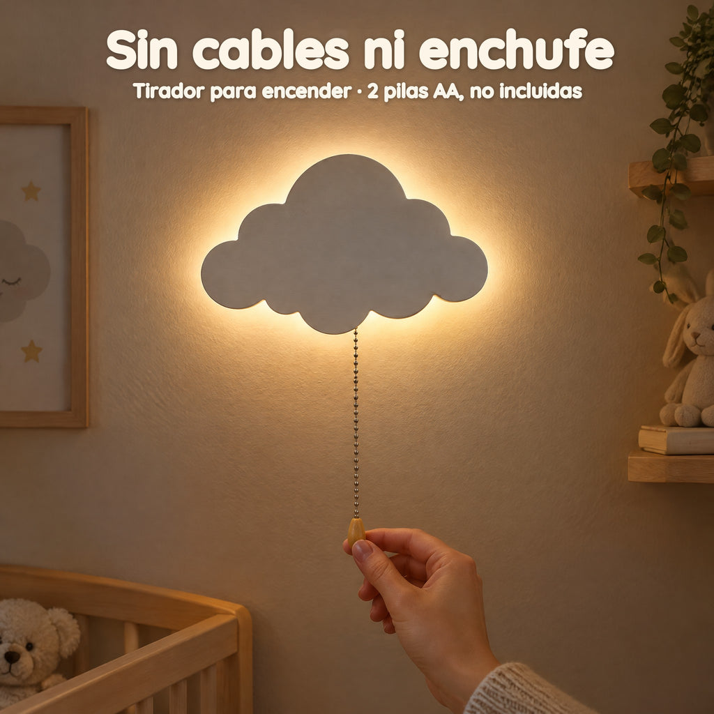 Luz quitamiedos de pared nube de madera para bebé, a pilas – Sin cables ni enchufe