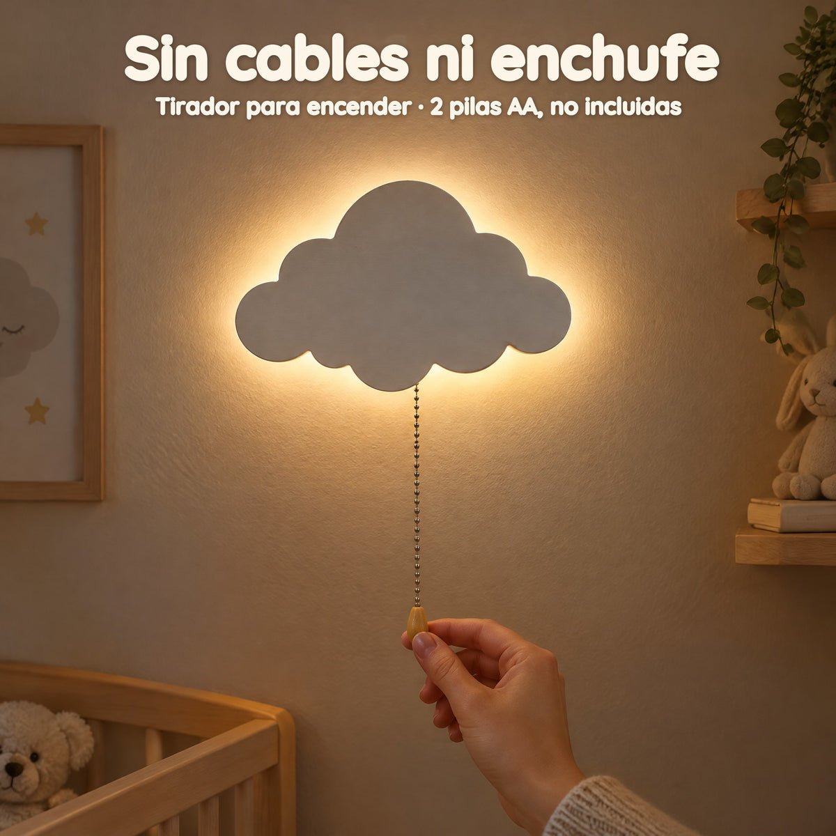 Luz quitamiedos de pared nube de madera para bebé, a pilas – Sin cables ni enchufe