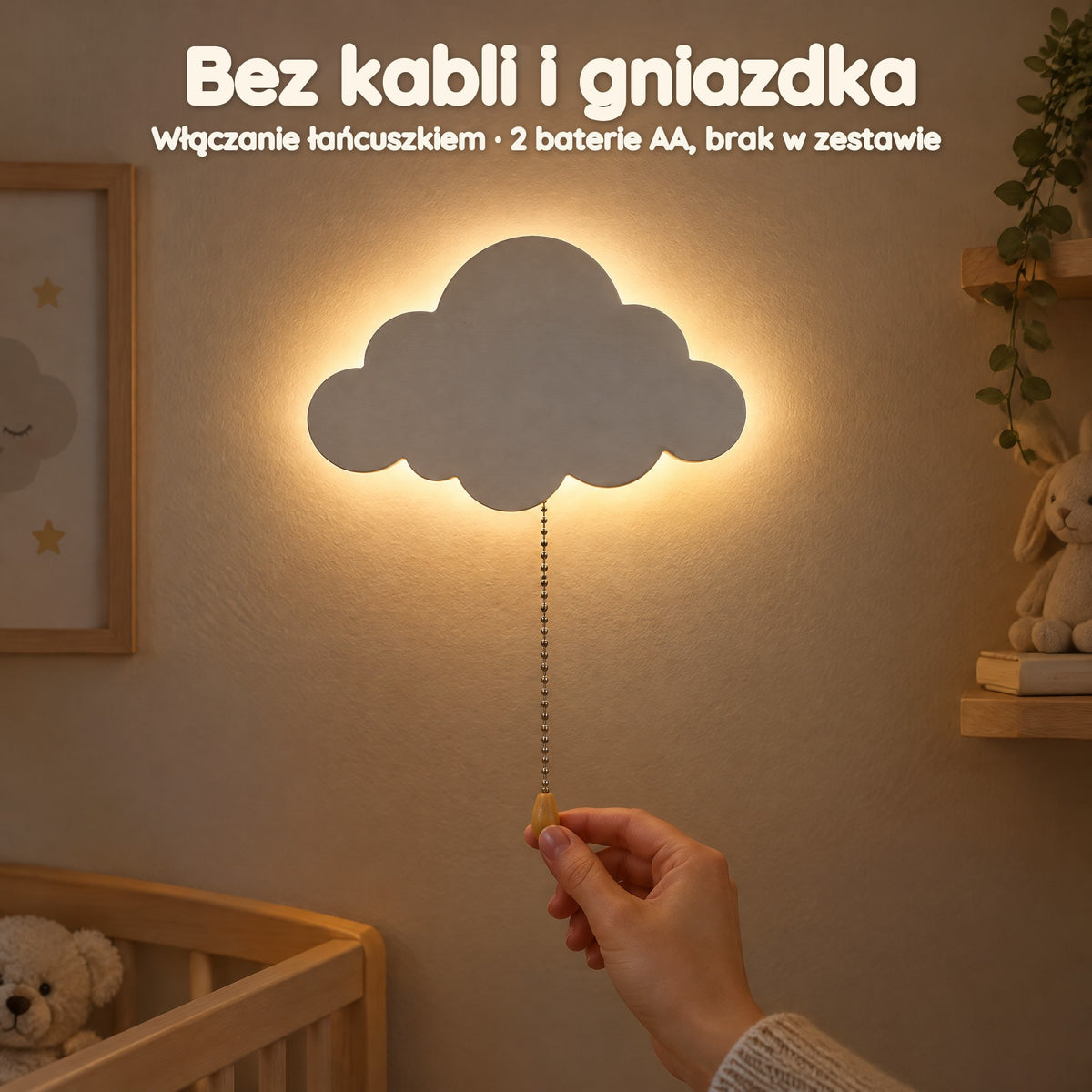 Ścienna lampka nocna chmurka z drewna dla niemowląt, na baterie – Bez kabli i gniazdka