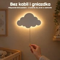 Ścienna lampka nocna chmurka z drewna dla niemowląt, na baterie – Bez kabli i gniazdka