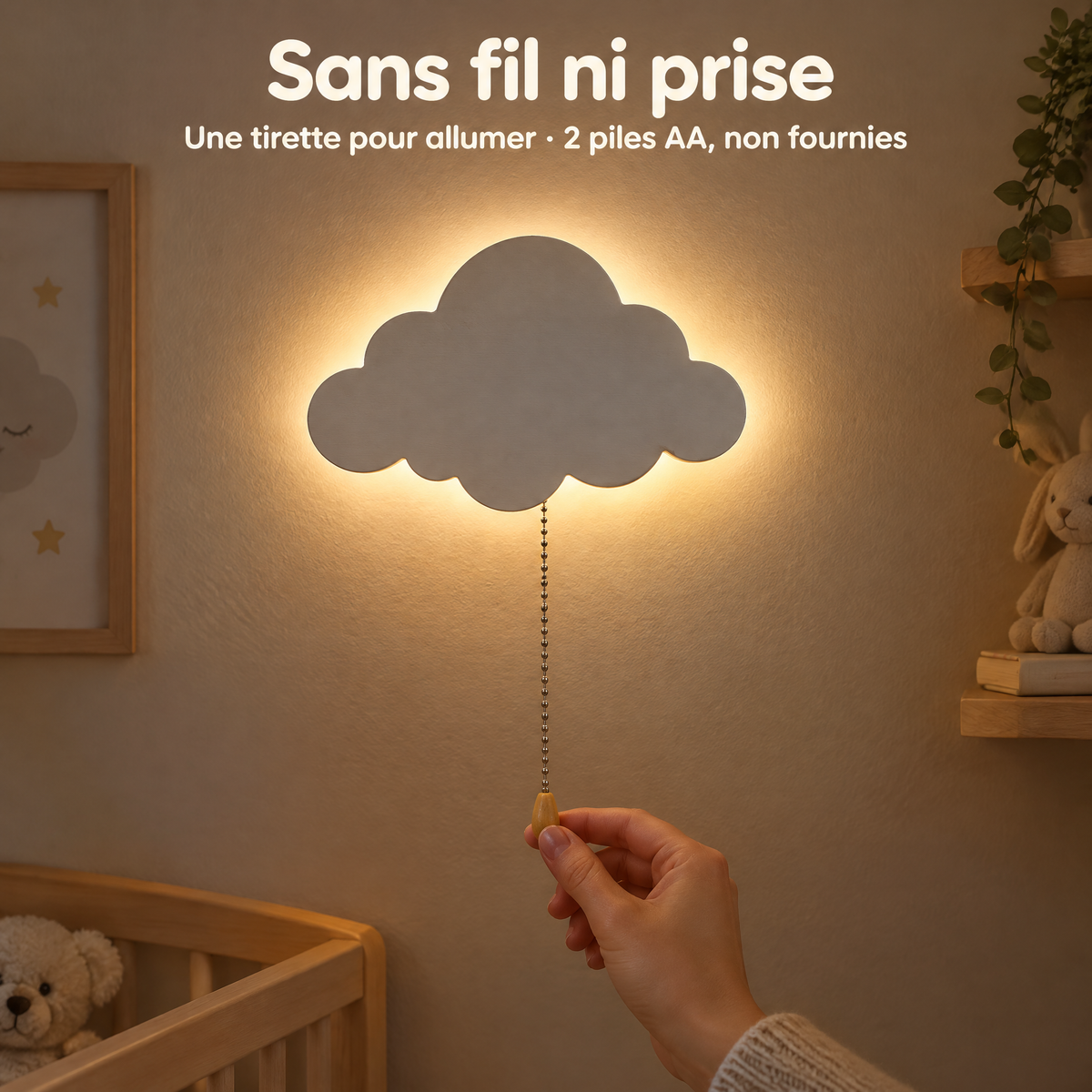 Luce Notturna da Parete Nuvola in Legno per Bebè, a Pile – Senza fili né prese