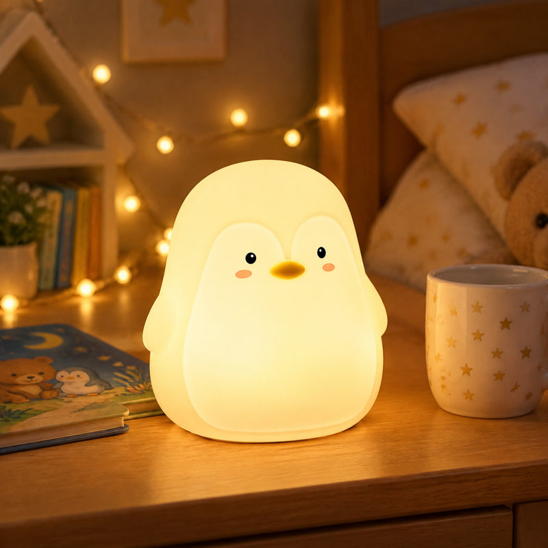 Veilleuse Pingouin en silicone allumée sur une table de chevet avec des guirlandes lumineuses