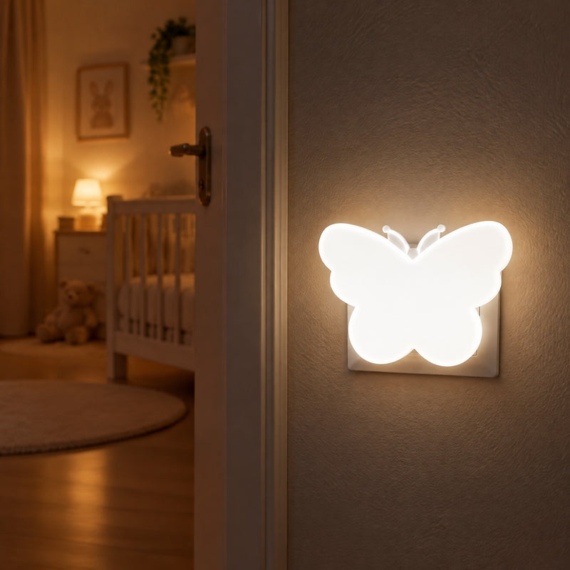 Veilleuse prise papillon LED allumée dans un couloir sombre
