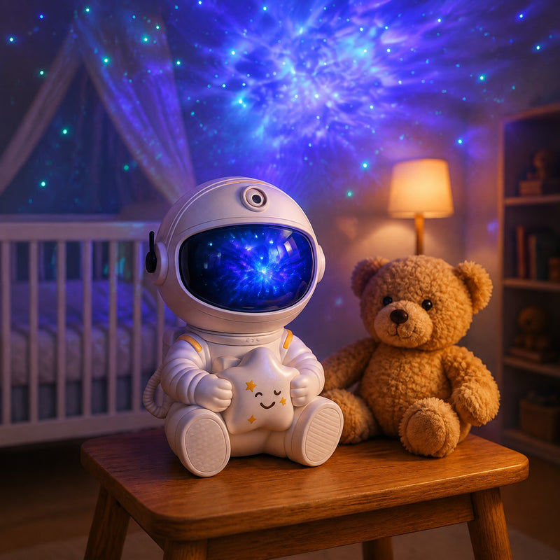 Veilleuse astronaute étoile blanche près d'un ourson dans une chambre de bébé