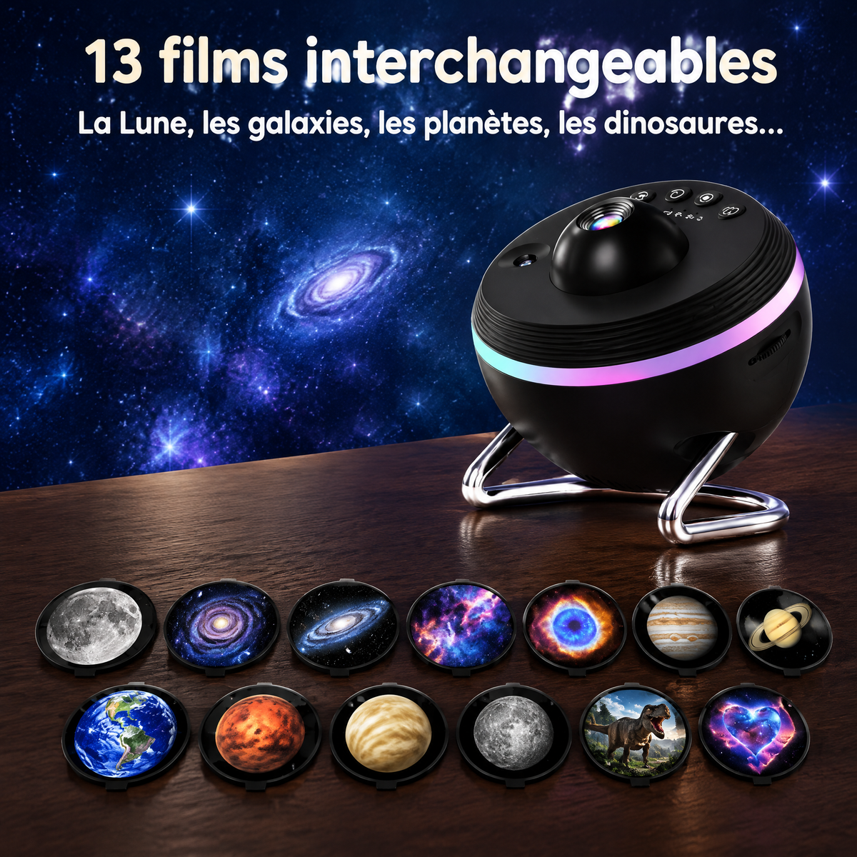 Les 13 films interchangeables du projecteur planétarium : lune, galaxies, planètes et dinosaures