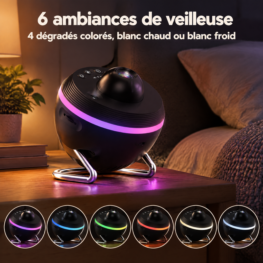 Les 6 ambiances de veilleuse du projecteur : 4 dégradés colorés, blanc chaud et blanc froid