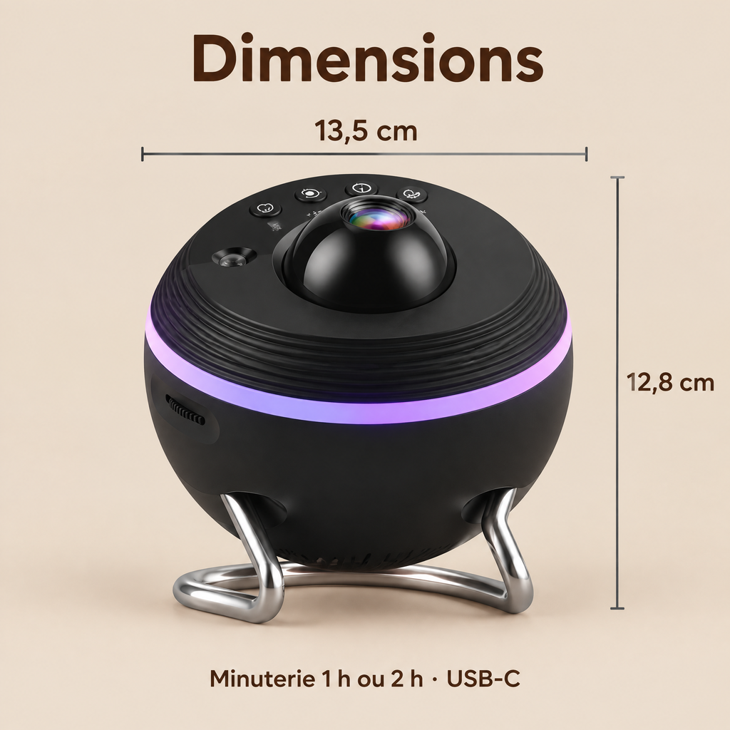 Dimensions du projecteur planétarium : 13,5 cm de large, 12,8 cm de haut, minuterie 1 h ou 2 h