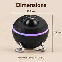 Dimensions du projecteur planétarium : 13,5 cm de large, 12,8 cm de haut, minuterie 1 h ou 2 h