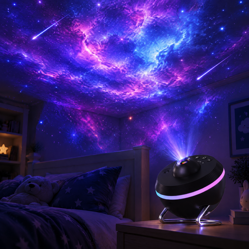 Veilleuse projecteur planétarium projetant une galaxie et des étoiles filantes au plafond de la chambre