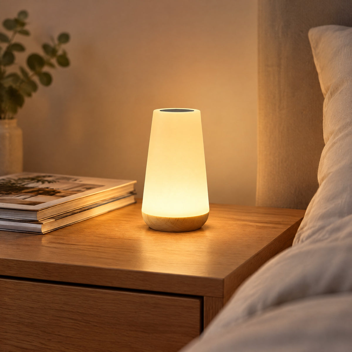Veilleuse rechargeable conique allumée en blanc chaud sur une table de chevet en bois