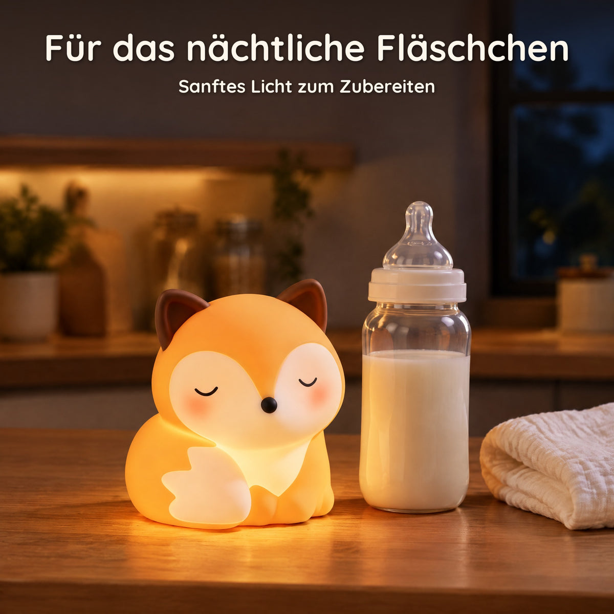 Eingeschaltetes Fuchs-Nachtlicht neben einer Flasche Milch auf einer Küchenarbeitsplatte bei Nacht