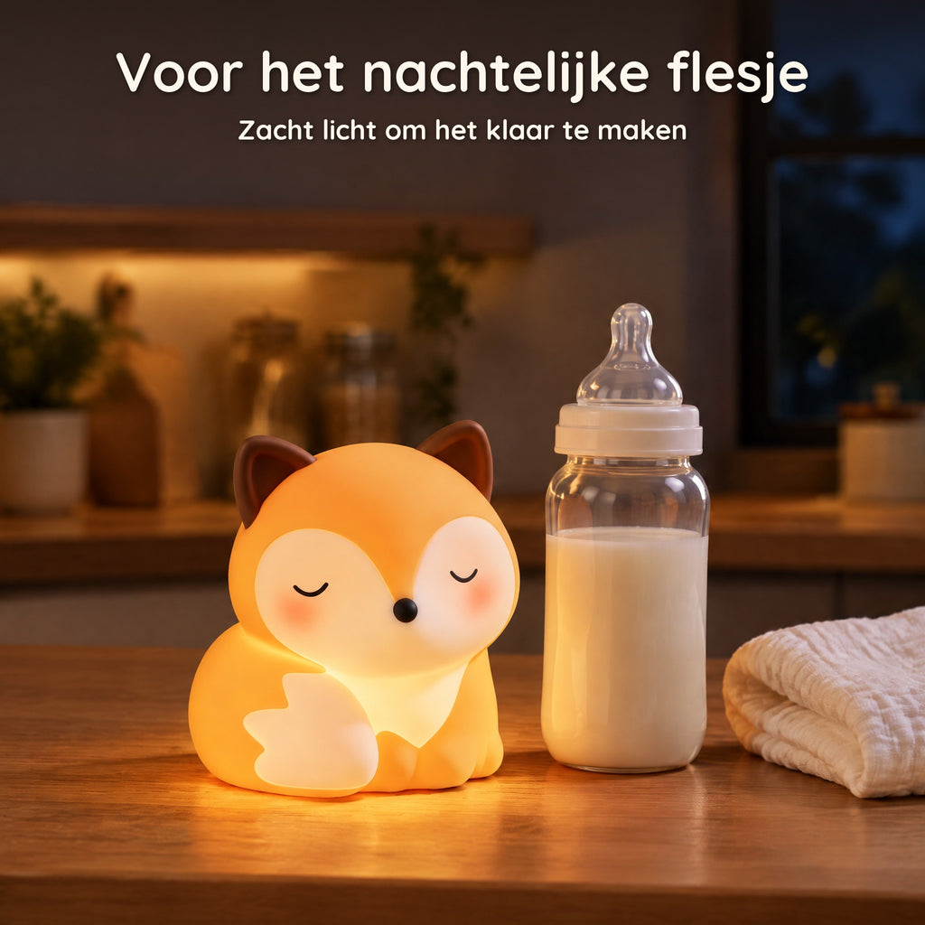 Aangezet vossen-nachtlampje naast een flesje melk op een keukenblad 's nachts