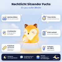 Nachtlicht Sitzender Fuchs und seine Eigenschaften: weiches Silikon, 3 Helligkeitsstufen per Touch, 30-Min-Timer, 6 Std. Laufzeit, Aufladen per USB-C und Maße