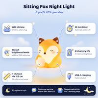 Sitting fox night light and its features: soft silicone, 3 touch brightness levels, 30 min timer, 6 h battery life, USB-C charging and dimensions