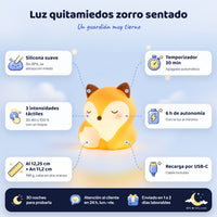 Luz quitamiedos zorro sentado y sus características: silicona suave, 3 intensidades táctiles, temporizador de 30 min, 6 h de autonomía, recarga por USB-C y medidas