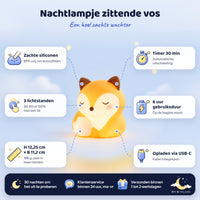 Nachtlampje zittende vos en zijn kenmerken: zachte siliconen, 3 lichtstanden via touch, timer 30 min, 6 uur gebruiksduur, opladen via USB-C en afmetingen