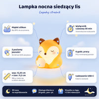 Lampka nocna siedzący lis i jej cechy: miękki silikon, 3 poziomy jasności dotykiem, wyłącznik czasowy 30 min, 6 godz. pracy, ładowanie USB-C i wymiary