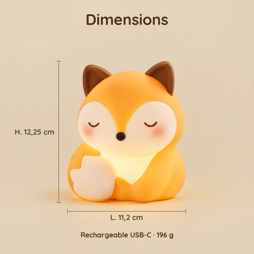 Dimensions de la veilleuse renard assis : 12,25 cm de haut et 11,2 cm de large
