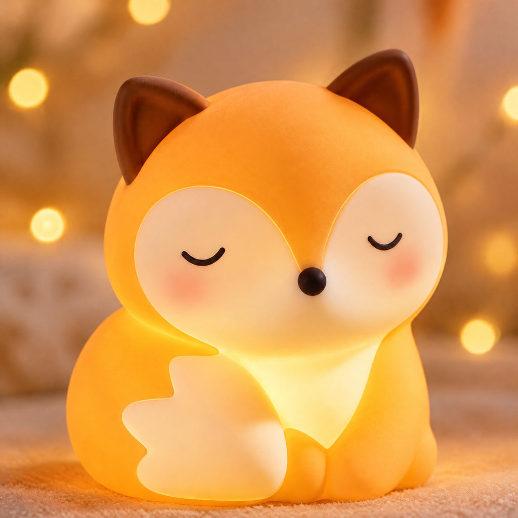 Close-up of the soft silicone fox night light's face, glowing warmly
