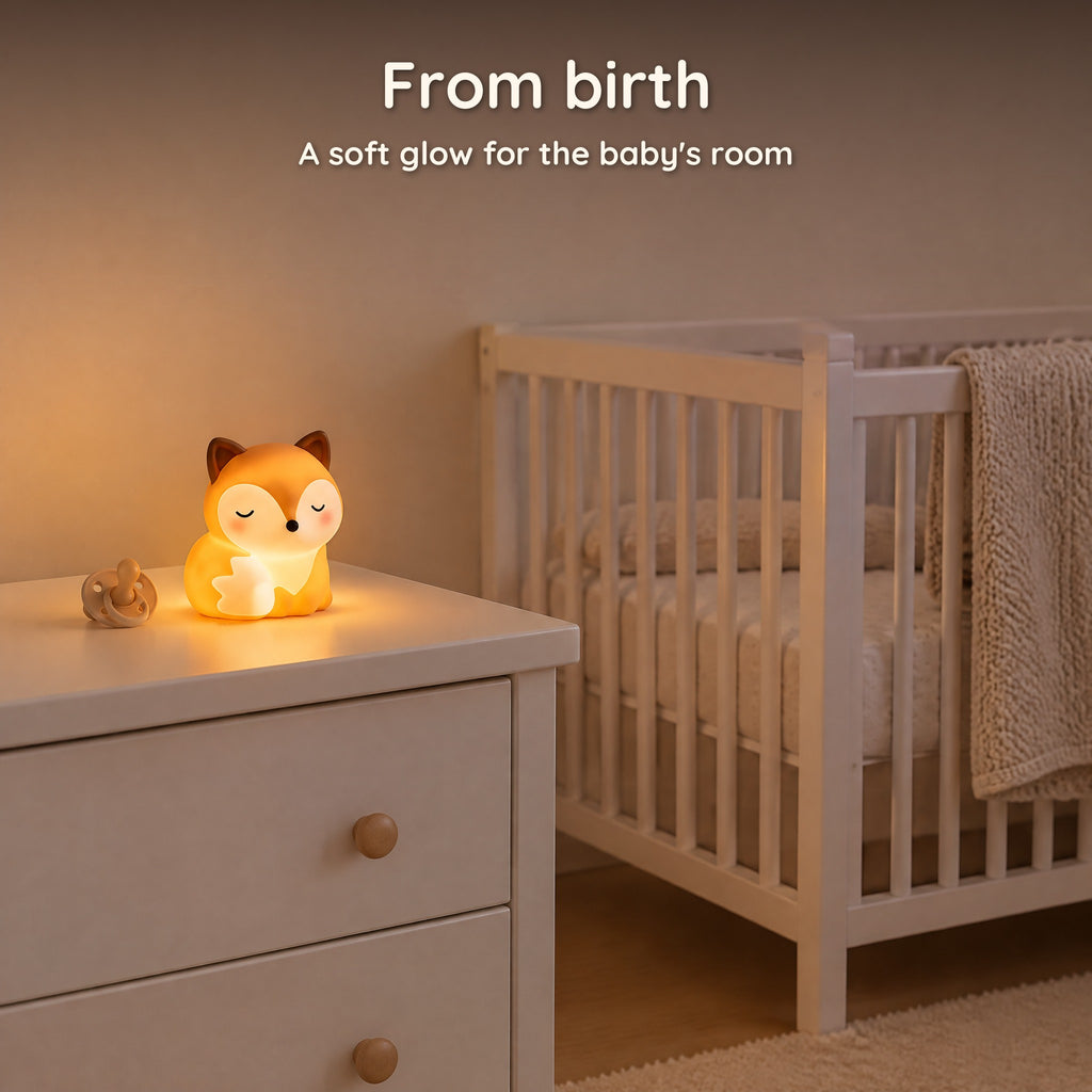 Fox night light switched on a dresser in a baby's room, next to a crib