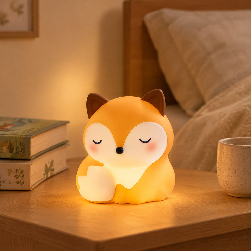 Sitting fox silicone night light switched on a bedside table, next to two picture books